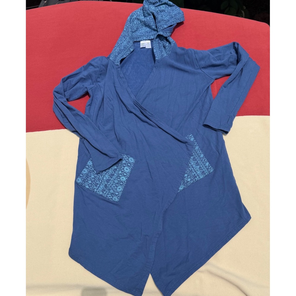Soul Flower Blue Organic Cotton Hooded Open Cardigan Boho Tribal Print Small‎